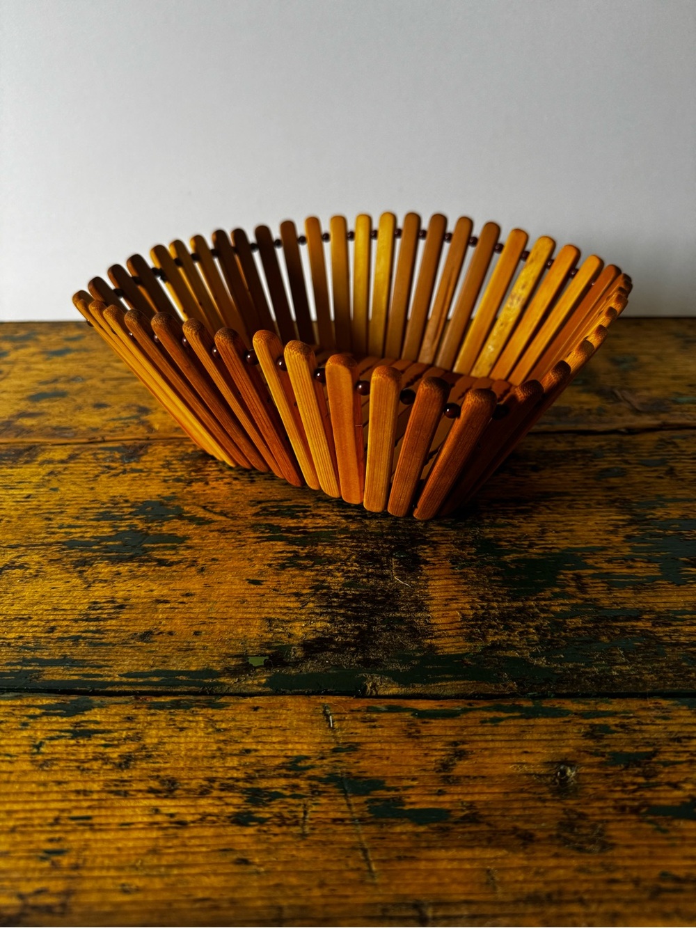Handcrafted Wooden Bamboo Slatted Bowl - Warm Honey Brown